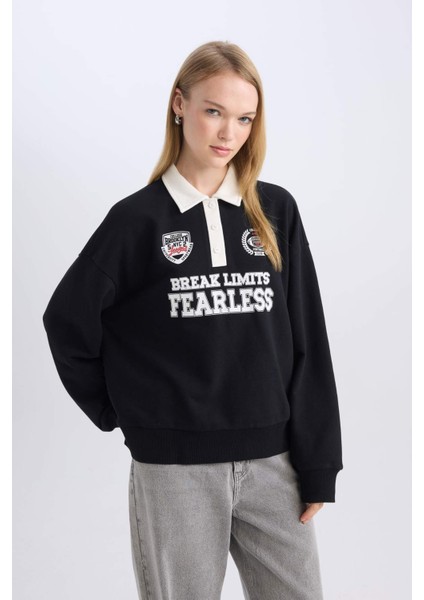 Coool Oversize Geniş Kalıp Polo Yaka Düğmeli Baskılı Siyah Sweatshirt D6693AX24WN