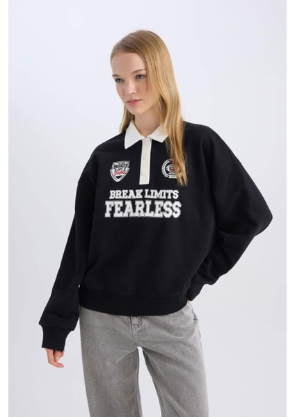 Coool Oversize Geniş Kalıp Polo Yaka Düğmeli Baskılı Siyah Sweatshirt D6693AX24WN