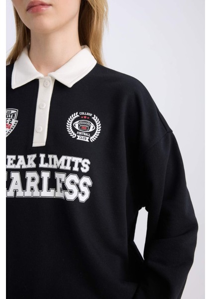 Coool Oversize Geniş Kalıp Polo Yaka Düğmeli Baskılı Siyah Sweatshirt D6693AX24WN