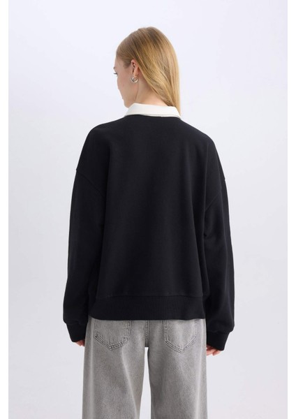 Coool Oversize Geniş Kalıp Polo Yaka Düğmeli Baskılı Siyah Sweatshirt D6693AX24WN