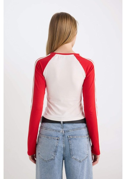 Fitted Dar Kesim Bisiklet Yaka Baskılı Uzun Kollu Tişört D6698AX24WN