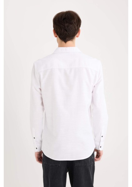 Slim Fit Dar Kesim Pamuklu Basic Düz Uzun Kollu Beyaz Gömlek A4644AX25SP