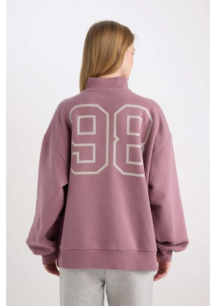 Coool Oversize Geniş Kalıp Fermuarlı Dik Yaka Sırt Baskılı Kalın Sweatshirt D7564AX24WN