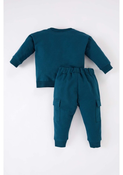 Erkek Bebek 2'li Takım Bisiklet Yaka Baskılı Sweatshirt Beli Lastikli Kargo Cepli Eşofman Altı D7663A524WN