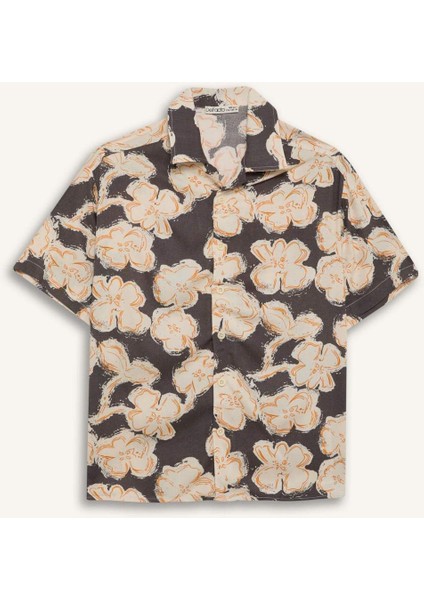 Erkek Çocuk Oversize Geniş Kalıp Polo Yaka Viskon Desenli Kısa Kollu Gömlek D7763A825SM