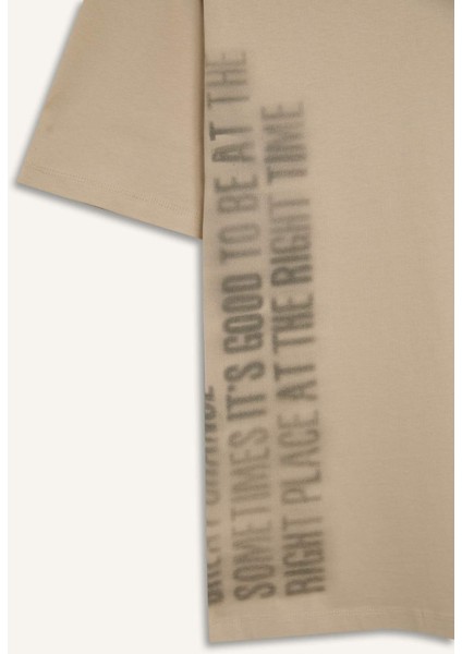 %100 Pamuk Boxy Fit Bisiklet Yaka Baskılı Kısa Kollu Tişört