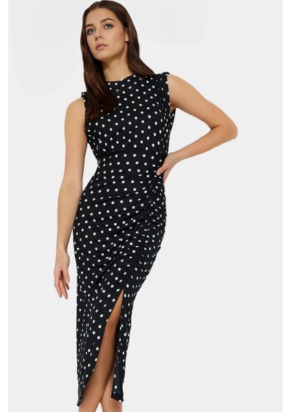 Maxi Elbise Puantiyeli Desenli Esnek Örme Bodycon Kalıp Günlük Stil Konforlu Kesim