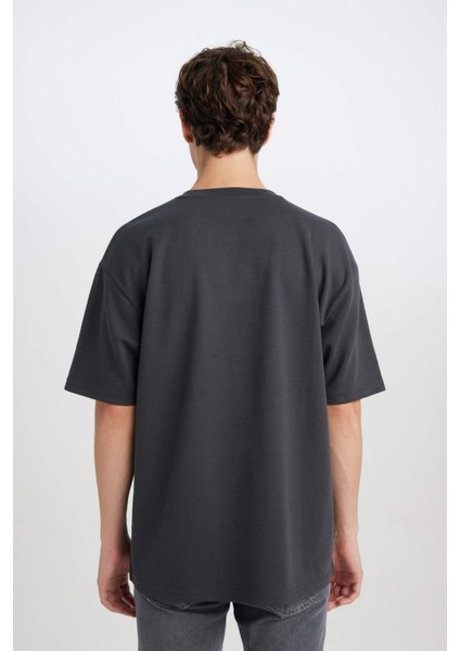Oversize Geniş Kalıp Ütü Gerektirmeyen Bisiklet Yaka Kısa Kollu Basic Düz Ağır Kumaş Tişört X3926AZ25SP