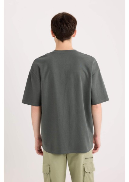 Oversize Geniş Kalıp Ütü Gerektirmeyen Bisiklet Yaka Kısa Kollu Basic Düz Ağır Kumaş Tişört X3926AZ25SP