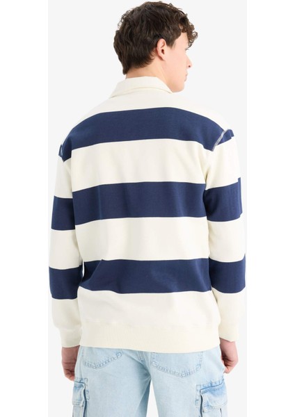 Relax Fit Polo Yaka Çizgili Kalın Sweatshirt D7478AX25SP