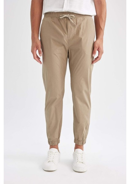 %100 Pamuk Yazlık Jogger Pantolon Basic Düz Beli Bağcıklı Cepli Lastikli Paça D7782AX24AU