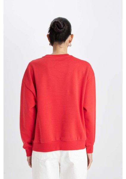 Relax Fit Bisiklet Yaka Baskılı Kalın Kırmızı Sweatshirt D6715AX24WN