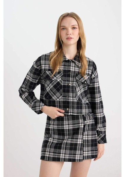Coool Oversize Geniş Kalıp Crop Cepli Kalın Flanel Uzun Kollu Ceket Gömlek D7914AX24AU
