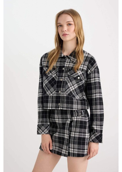 Coool Oversize Geniş Kalıp Crop Cepli Kalın Flanel Uzun Kollu Ceket Gömlek D7914AX24AU