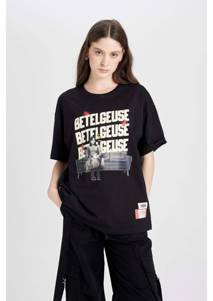 Coool Beetlejuice Oversize Geniş Kalıp Bisiklet Yaka Baskılı Kısa Kollu Tişört D8093AX24AU