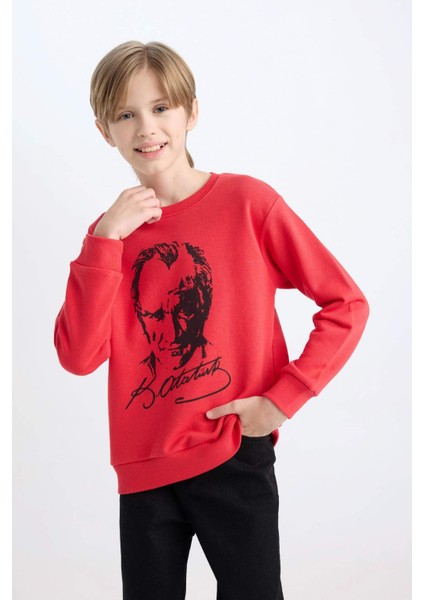Erkek Çocuk Kırmızı Bisiklet Yaka Atatürk Baskılı Sweatshirt D8202A824WN