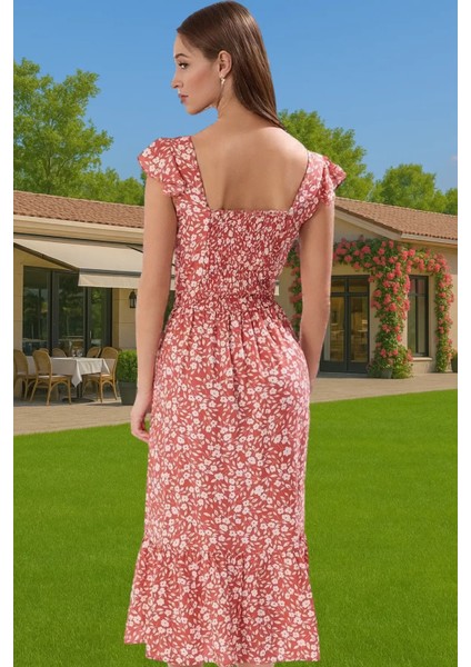 A Kesim Midi Boy Shally Dokuma Viskoz Elbise Kare Yaka Mükemmel Uyum Özenle Seçilmiş Uzun Ömürlü