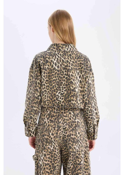 Oversize Leopar Desenli Gabardin Uzun Kollu Ceket Gömlek D5942AX24AU