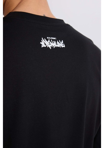 %100 Pamuk Boxy Fit Bisiklet Yaka Baskılı Kısa Kollu Tişört D7354AX25SP