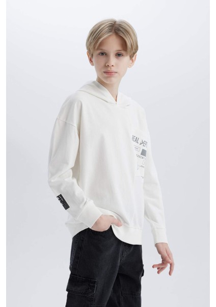 Erkek Çocuk Oversize Geniş Kalıp Kapüşonlu Baskılı Sweatshirt