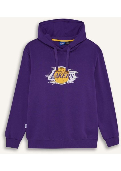 Fit NBA Los Angeles Lakers Standart Fit Kapüşonlu Baskılı Kalın Sporcu Sweatshirt D8512AX24AU