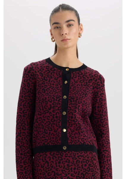 Regular Fit Bisiklet Yaka Leopar Desenli Düğmeli Triko Hırka D8510AX24WN