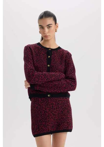 Regular Fit Bisiklet Yaka Leopar Desenli Düğmeli Triko Hırka D8510AX24WN fırsatları