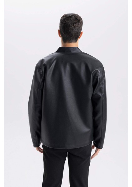 Su İtici Slim Fit Dar Kesim Dik Yaka Fermuarlı Suni Deri Mont D8525AX25SP