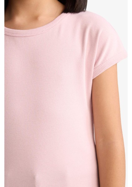 Kız Çocuk Slim Fit Dar Kesim Bisiklet Yaka Basic Düz Fitilli Kaşkorse Kısa Kollu Tişört B3053A825SM
