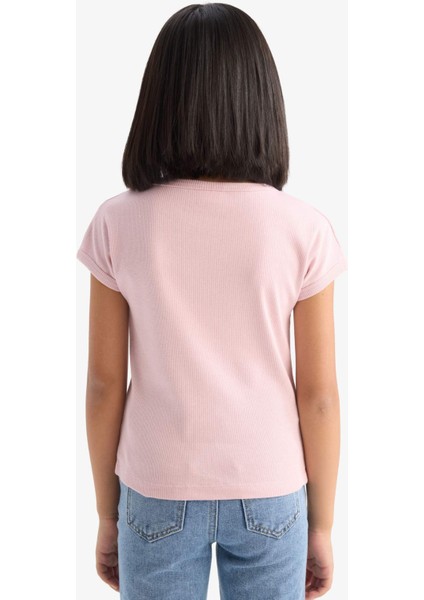 Kız Çocuk Slim Fit Dar Kesim Bisiklet Yaka Basic Düz Fitilli Kaşkorse Kısa Kollu Tişört B3053A825SM