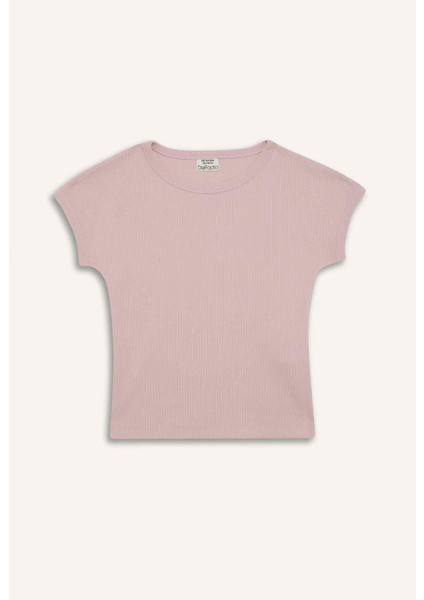 Kız Çocuk Slim Fit Dar Kesim Bisiklet Yaka Basic Düz Fitilli Kaşkorse Kısa Kollu Tişört B3053A825SM