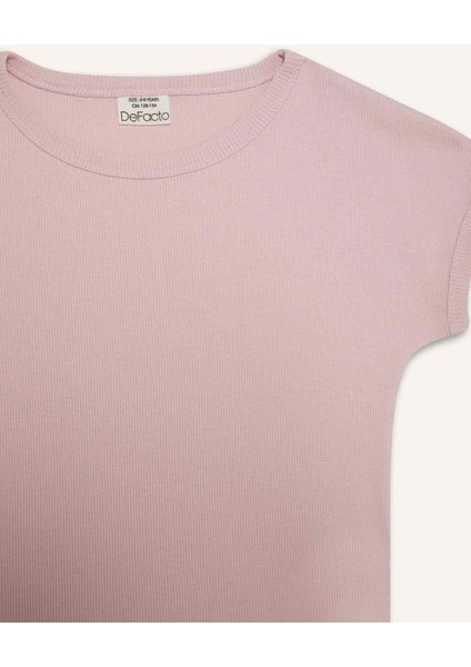 Kız Çocuk Slim Fit Dar Kesim Bisiklet Yaka Basic Düz Fitilli Kaşkorse Kısa Kollu Tişört B3053A825SM