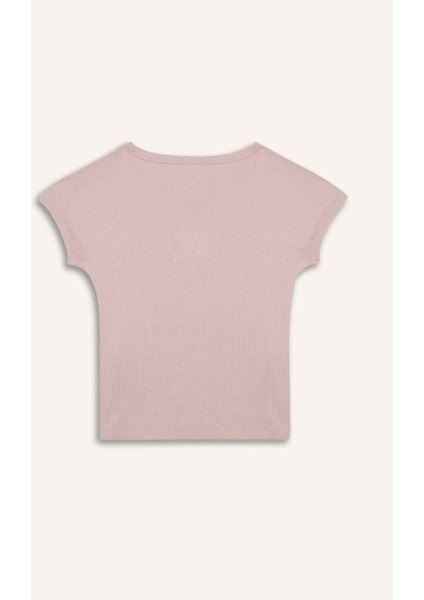 Kız Çocuk Slim Fit Dar Kesim Bisiklet Yaka Basic Düz Fitilli Kaşkorse Kısa Kollu Tişört B3053A825SM