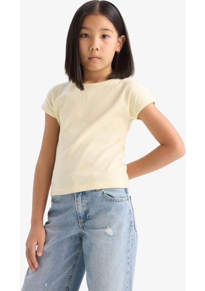 Kız Çocuk Slim Fit Dar Kesim Bisiklet Yaka Basic Düz Fitilli Kaşkorse Kısa Kollu Tişört B3053A825SM