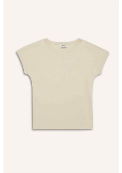 Kız Çocuk Slim Fit Dar Kesim Bisiklet Yaka Basic Düz Fitilli Kaşkorse Kısa Kollu Tişört B3053A825SM