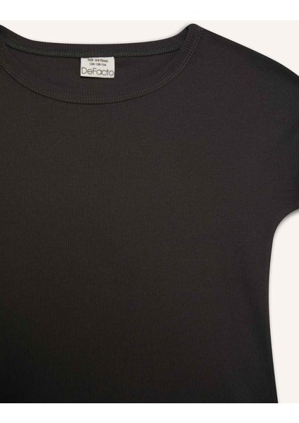 Kız Çocuk Slim Fit Dar Kesim Bisiklet Yaka Basic Düz Fitilli Kaşkorse Kısa Kollu Tişört B3053A825SM