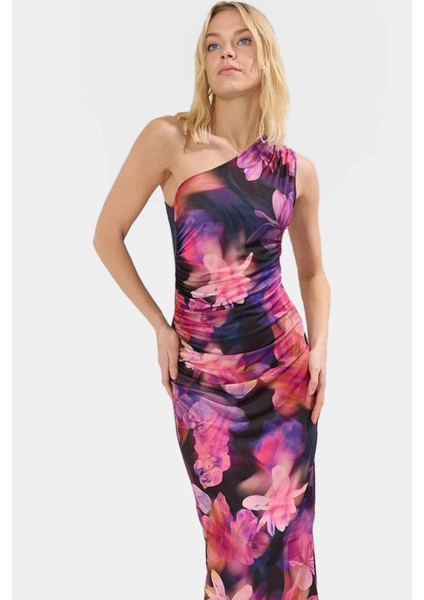Tek Omuzlu Midi Kalem Elbise Örme Kumaş Bodycon Günlük Şık Rahat Kullanım Seçkin Malzeme