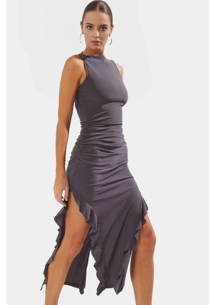 Yazlık Fırfır Detaylı Maxi Elbise Nefes Alan Örme Kumaş Kayık Yaka Mükemmel Uyum fiyatları