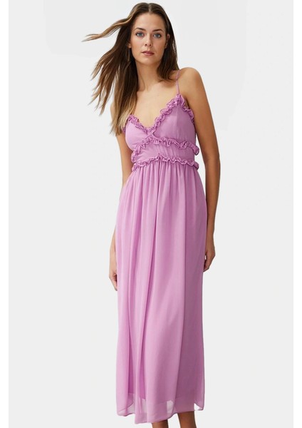 Astarlı Şifon Maxi Elbise Feminen V Yaka Çiçekli Desen Rahat Kalıp Konforlu Kesim Trend Tasarım fiyatları