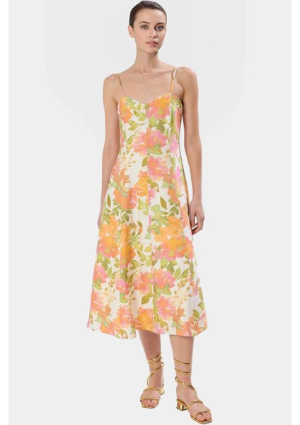 Çok Çiçekli Midi Elbise Skater Kalıp Polyester Yazlık Günlük Kullanım Için Rahat ve Şık