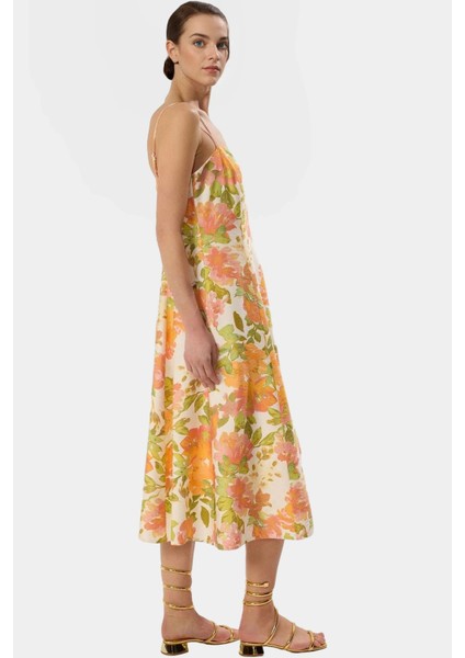 Çok Çiçekli Midi Elbise Skater Kalıp Polyester Yazlık Günlük Kullanım Için Rahat ve Şık fiyatları
