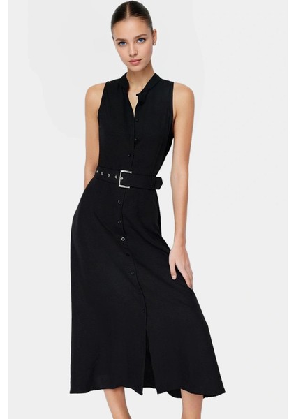Maxi Kemerli Gömlek Elbise Dokuma Polyester Yazlık Şık Tasarım Seçkin Malzeme Trend