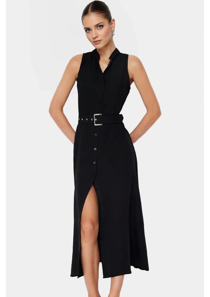 Maxi Kemerli Gömlek Elbise Dokuma Polyester Yazlık Şık Tasarım Seçkin Malzeme Trend fiyatları