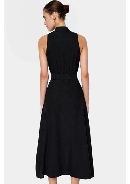 Maxi Kemerli Gömlek Elbise Dokuma Polyester Yazlık Şık Tasarım Seçkin Malzeme Trend modelleri