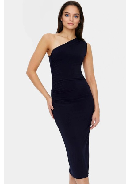 Tek Omuzlu Midi Kalem Elbise Örme Kumaş Bodycon Günlük Şık Rahat Kullanım Seçkin Malzeme