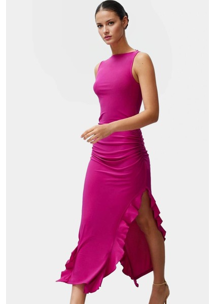 Yazlık Fırfır Detaylı Maxi Elbise Nefes Alan Örme Kumaş Kayık Yaka Mükemmel Uyum fiyatları