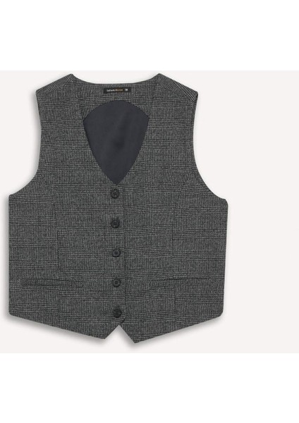 V Yaka Kareli Düğmeli Blazer Yelek D8634AX24AU