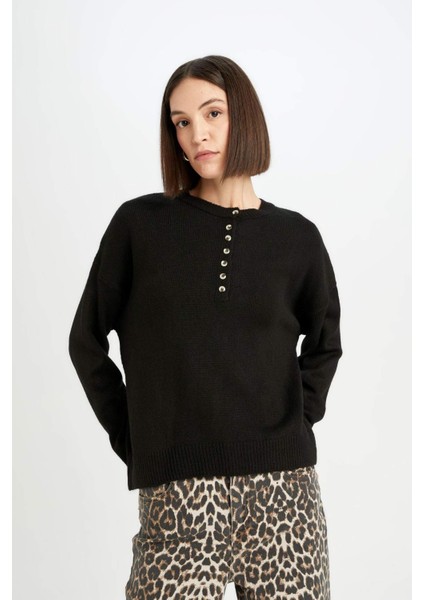 Oversize Geniş Kalıp Düğmeli Yaka Triko Kazak D4913AXNS