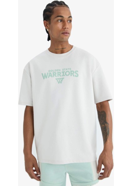 Defactofit Nba Golden State Warriors Oversize Geniş Kalıp Bisiklet Yaka Sırt Baskılı Kısa Kollu TIŞÖRT D8611AX25SP
