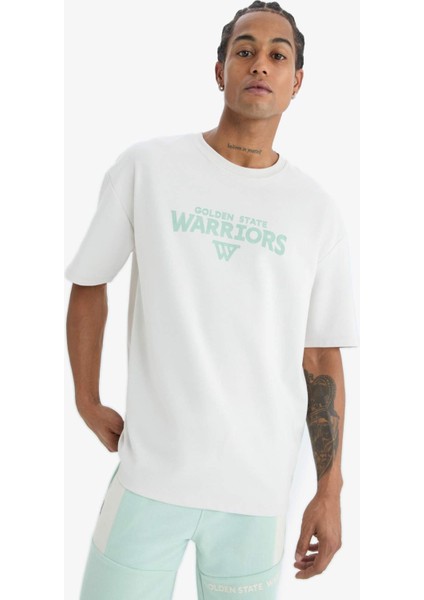 Defactofit Nba Golden State Warriors Oversize Geniş Kalıp Bisiklet Yaka Sırt Baskılı Kısa Kollu TIŞÖRT D8611AX25SP